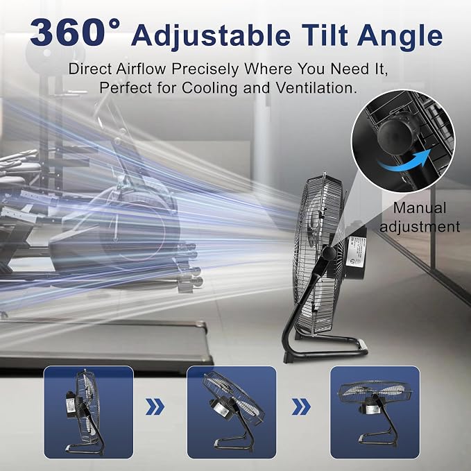 12 Inch Metal Industrial Floor Fans, Max 1800 CFM, Heavy Duty High Velocity Fan with 3-speed and 360°Adjustable Tilt, for