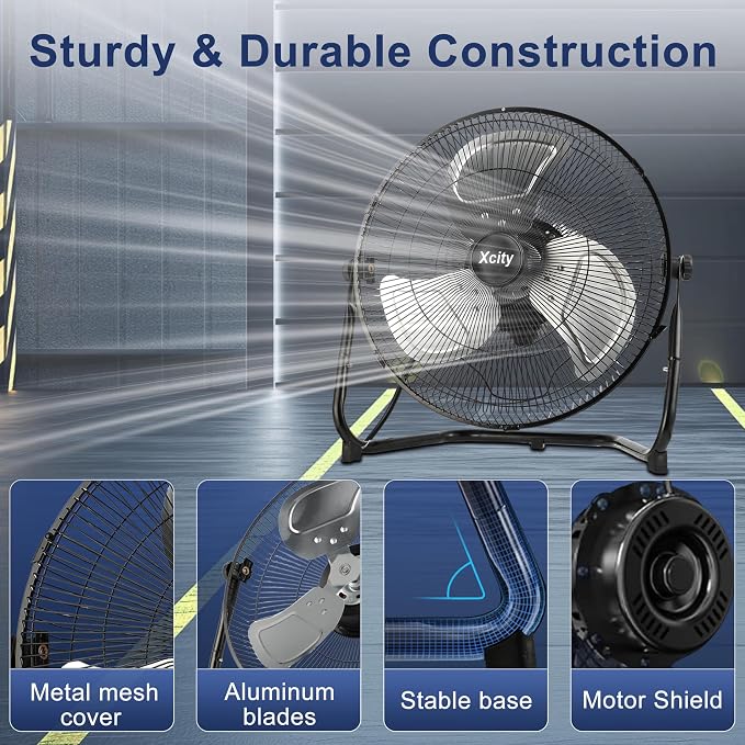 12 Inch Metal Industrial Floor Fans, Max 1800 CFM, Heavy Duty High Velocity Fan with 3-speed and 360°Adjustable Tilt, for