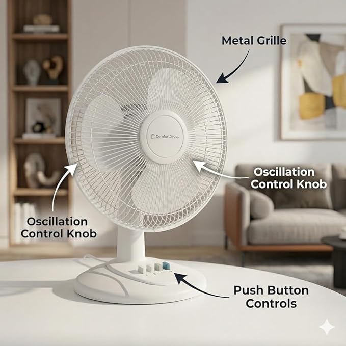 12 inch Table Fan with Adjustable Tilt, Wide Area Oscillation, Quiet Air Circulator Fan For Bedroom, 3 Speed Desktop Fan for