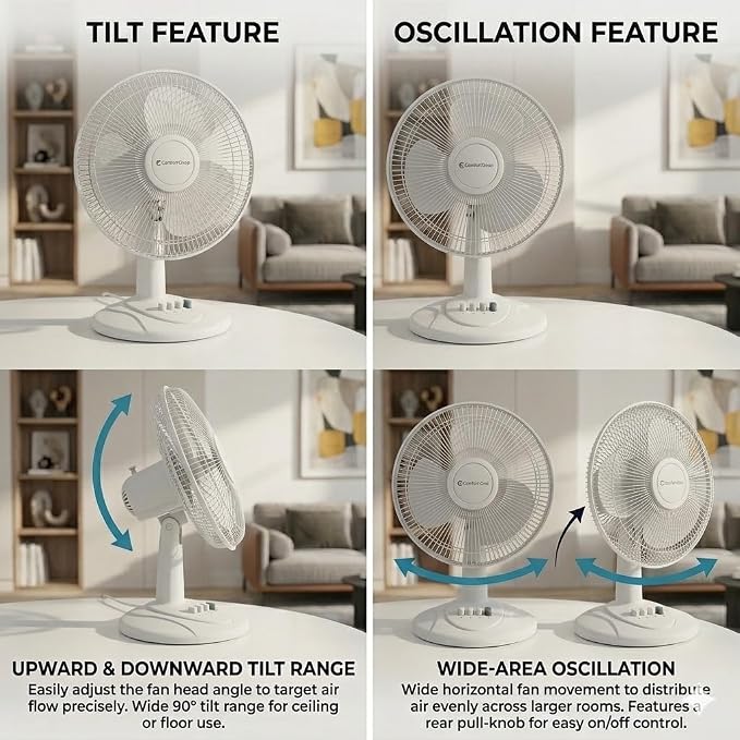 12 inch Table Fan with Adjustable Tilt, Wide Area Oscillation, Quiet Air Circulator Fan For Bedroom, 3 Speed Desktop Fan for