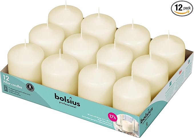 12 Ivory Pillar Candles Bulk - 2.3 x 3 inch Candle Set - 17 Hours Clean Burning - No Palm Oil - 0% Animal Fat - Premium