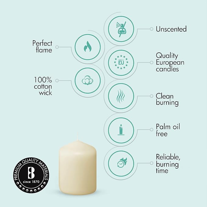 12 Ivory Pillar Candles Bulk - 2.3 x 3 inch Candle Set - 17 Hours Clean Burning - No Palm Oil - 0% Animal Fat - Premium