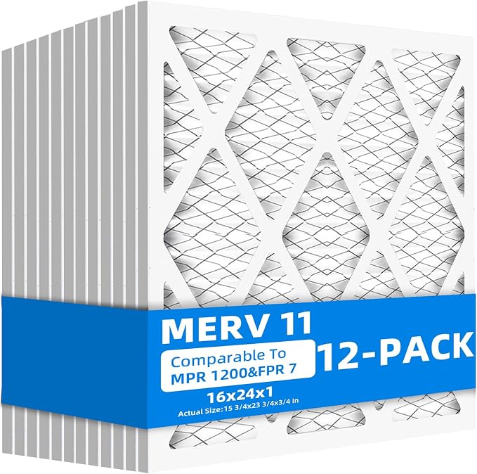 (12 Pack) 16x24x1 Air Filter, MPR 1200 & FPR 7, MERV 11 Pleated Air Filter (Actual Size: 15.75" x 23.75" x 0.75"), product