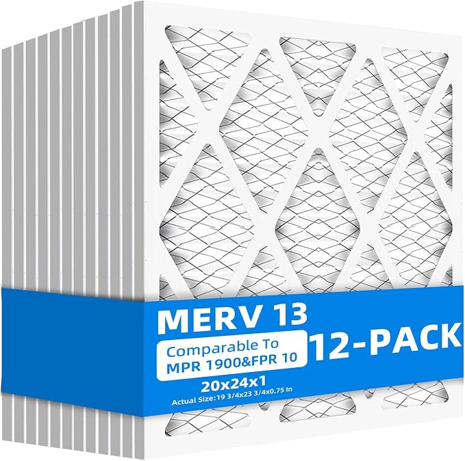 (12 Pack) 20x24x1 Furnace Air Filters, MPR 1900 & FPR 10, MERV 13,Pleated Air Filter (Actual Size: 19.75"x23.75"x0.75")