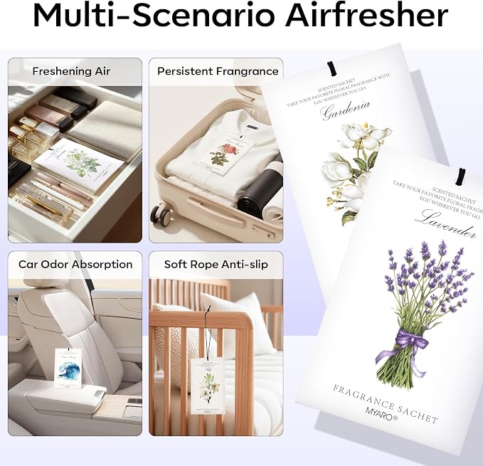 12 Pack Assorted Floral Scented Sachets - Lavender, Rose, Jasmine, Ocean, Gardenia & Lily | Drawer, alternate product view 3