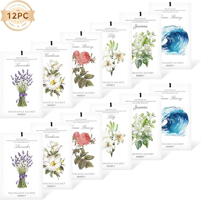 12 Pack Assorted Floral Scented Sachets - Lavender, Rose, Jasmine, Ocean, Gardenia & Lily | Drawer, alternate product view 6