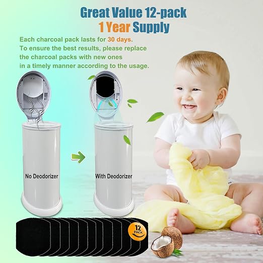 12 Pack Baby Diaper Pail Deodorizer for Diaper Pail, Activated Charcoal Odor Absorbing Filters Compatible with