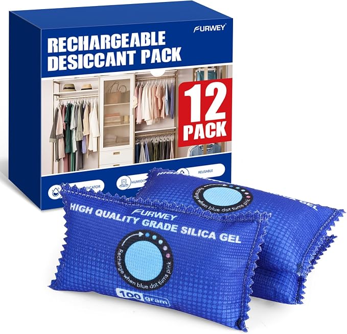 12 Pack Rechargeable Desiccant Packs, 100g Each, Blue, Color Indicating Silica Gel Dehumidifier Bags for Storage, Closets
