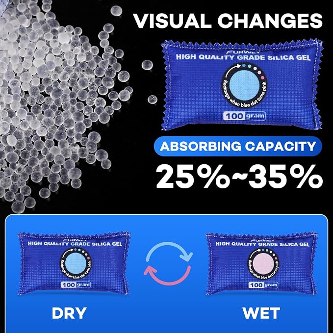 12 Pack Rechargeable Desiccant Packs, 100g Each, Blue, Color Indicating Silica Gel Dehumidifier Bags for Storage, Closets