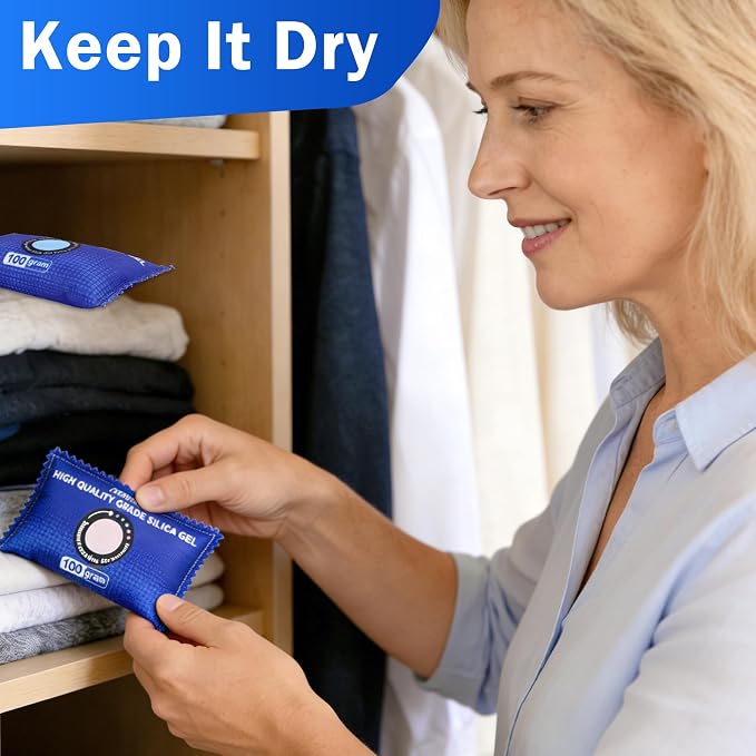 12 Pack Rechargeable Desiccant Packs, 100g Each, Blue, Color Indicating Silica Gel Dehumidifier Bags for Storage, Closets