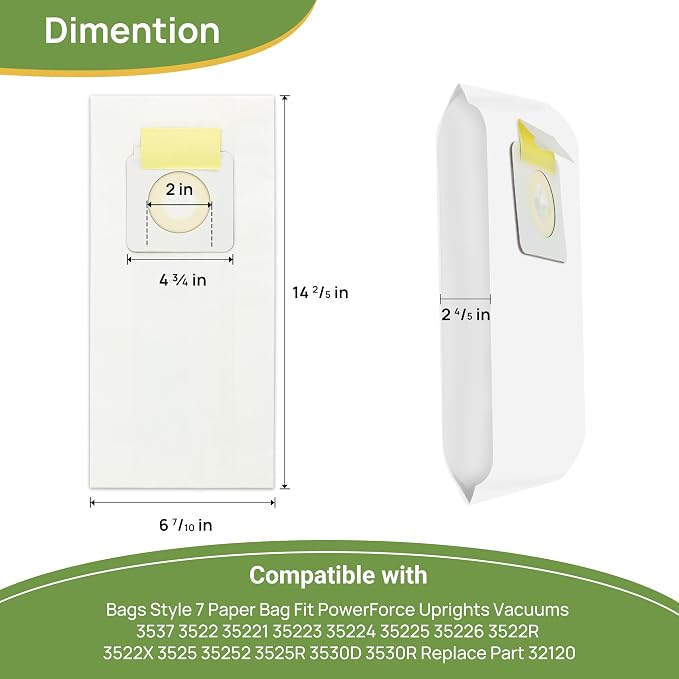 12 Pack Style 7 Vacuum Bags Replacement Compatible with PowerForce Bagged Uprights Vacuums 3522 3545 3550 3554