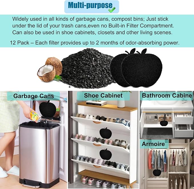 12-Pack Universal Trash Can Odor Absorbing Filters, Activated Charcoal Deodorizer for Trash Cans, Compost Buckets, Countertop