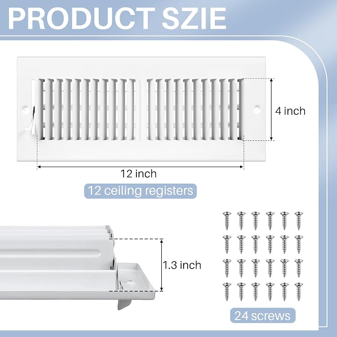 12 Pcs 4 x 12 Inch (Interior Size) Air Vent Cover Ceiling Register Grill Duct Opening Air Supply Diffuser 2 Way Steel