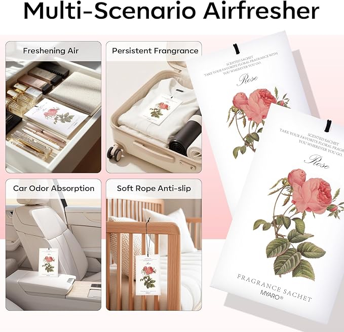 12 Pcs Rose Scented Sachets Long Lasting Room Air Freshener Odor Deodorizer Eliminating for Home Drawer Closet Clothes