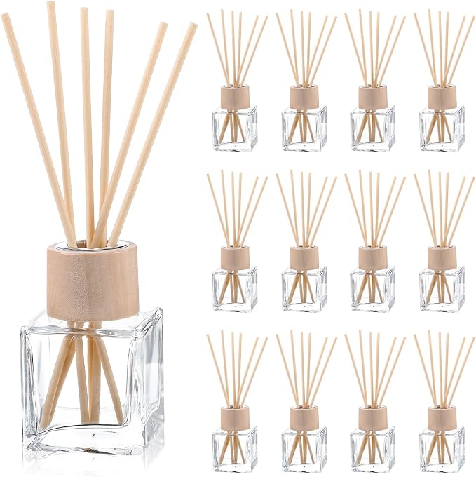 12 Set Reed Diffuser Bottle Empty Fragrance Glass Diffuser Bottles Refillable Diffuser Bottles Set with Wooden Caps Rattan