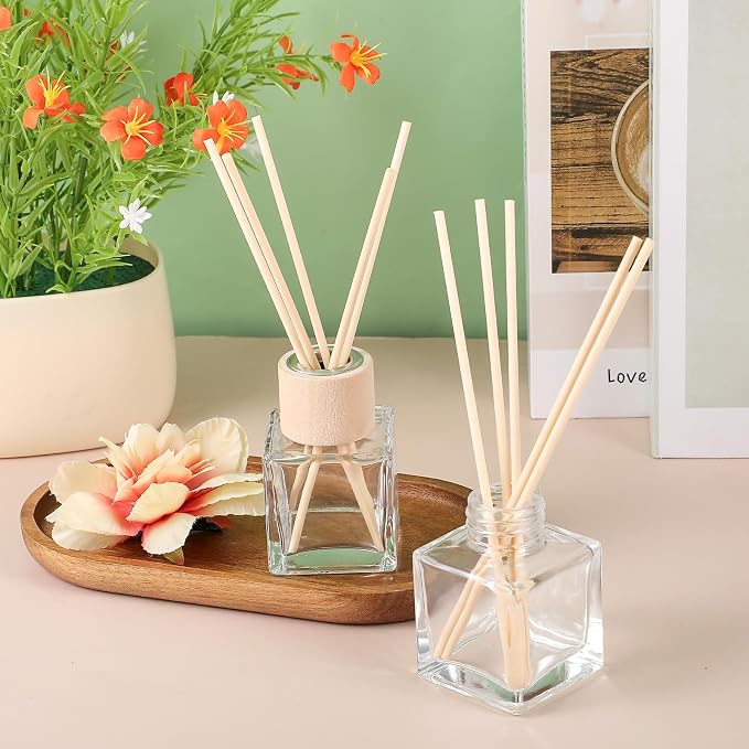 12 Set Reed Diffuser Bottle Empty Fragrance Glass Diffuser Bottles Refillable Diffuser Bottles Set with Wooden Caps Rattan