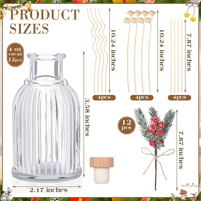 12 Sets Christmas Reed Diffuser Bottles Empty Essential Oil Glass Diffuser Bottles with Stoppers, Reed Sticks, alternate