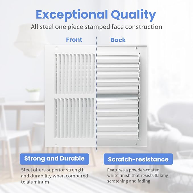 12 x 12 Inch [Duct Opening] Air Vent Covers for Wall or Ceiling - High Airflow 2 Way Steel Ventilation, alternate view 3