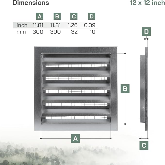 12" x 12" Inch Galvanized Steel Industrial Gable Vent - Heavy-Duty Louvered Air Intake Exhaust Vent Cover – Outdoor Wall Vent