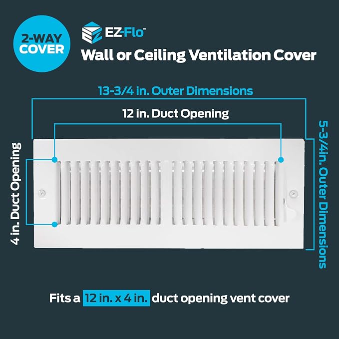 12 x 4 Inch (Duct Opening) Air Vent Cover for Wall or Ceiling, Two-Way Ventilation Register, Solid Steel HVAC, alternate view