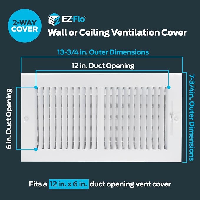 12 x 6 Inch (Duct Opening) Air Vent Cover for Wall or Ceiling, Two-Way Ventilation Register, Solid Steel HVAC, alternate view
