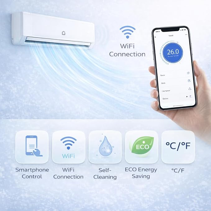 12000 BTU Mini Split AC/Heating System, 21 SEER2 Inverter Ductless Heat Pump, WiFi Wall Mount Split System Air Conditioner