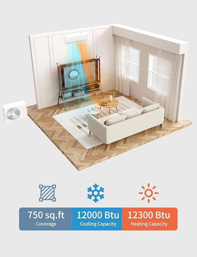 12000 Btu Mini Split AC Heating System, Wifi Enabled Mini Split Air Conditioner with 22 SEER2 Inverter, Heat Pump, 110V Air