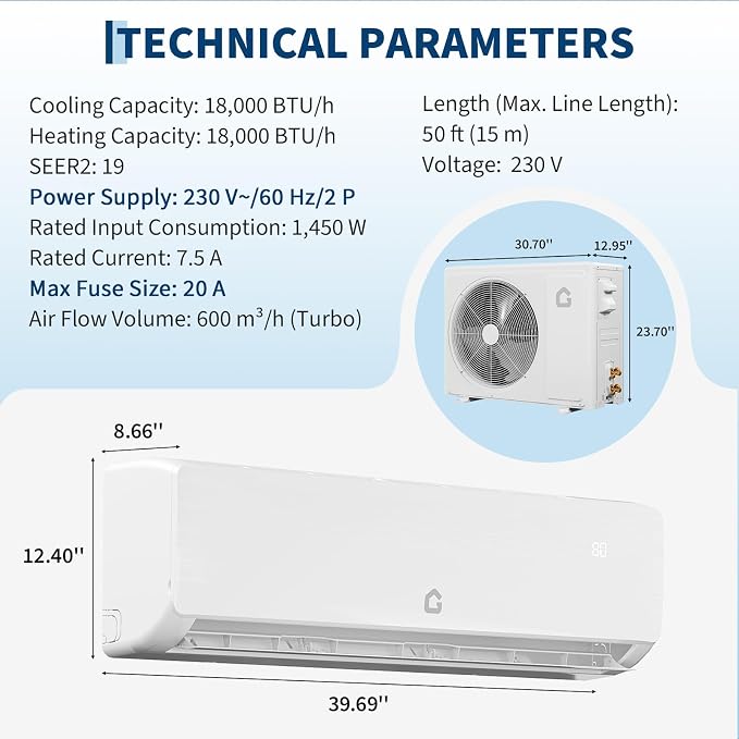 12000 BTU Mini Split Air Conditioner& Heater, 19 SEER2, Cools 750 Sq.Ft, Inverter Tech Ductless Air Conditioner with Remote