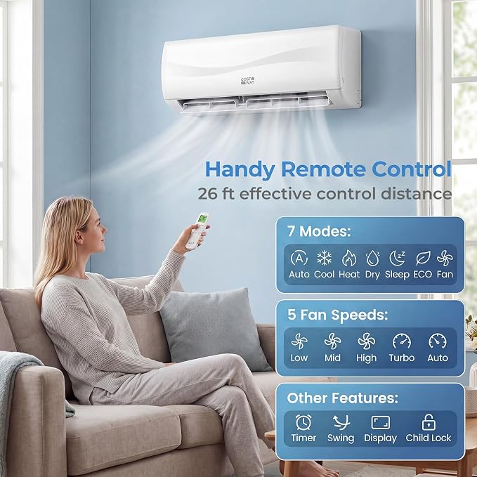 12000 BTU Mini Split Air Conditioner & Heater, 20 SEER2 115V Energy Efficient Inverter Wall-Mounted AC Unit w/Heat Pump &