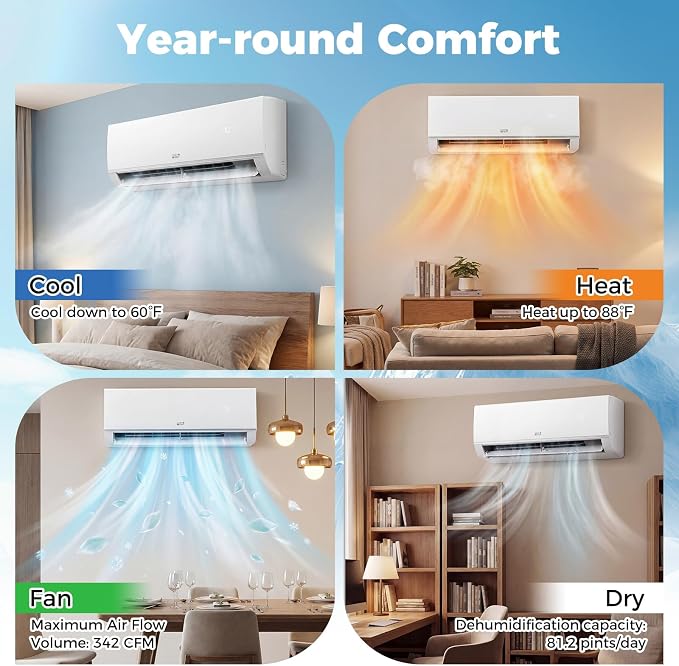 12000 BTU Mini Split Air Conditioner & Heater, 20 SEER2 208/230V Wifi Enabled Energy Efficient Inverter Split AC Unit Up to