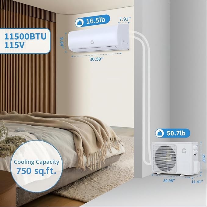 12000 BTU Mini Split Air Conditioner with 17 SEER2 Efficiency, Smart Split Unit AC Cooling/Heating Up to 750 Sq.ft, Inverter