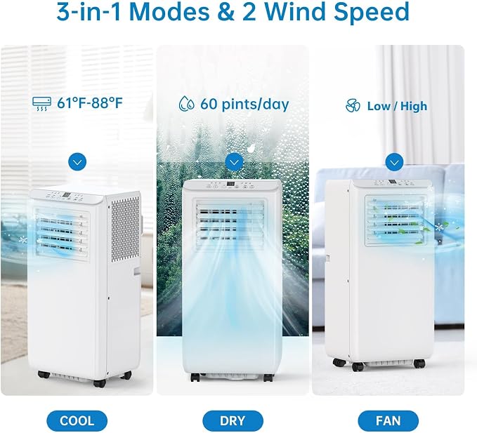 12000 BTU Portable AC with Black Top Cover, Cooling, Dehumidifying & Fan Functions, Ideal for Rooms Up to 600 Sq Ft, Quiet