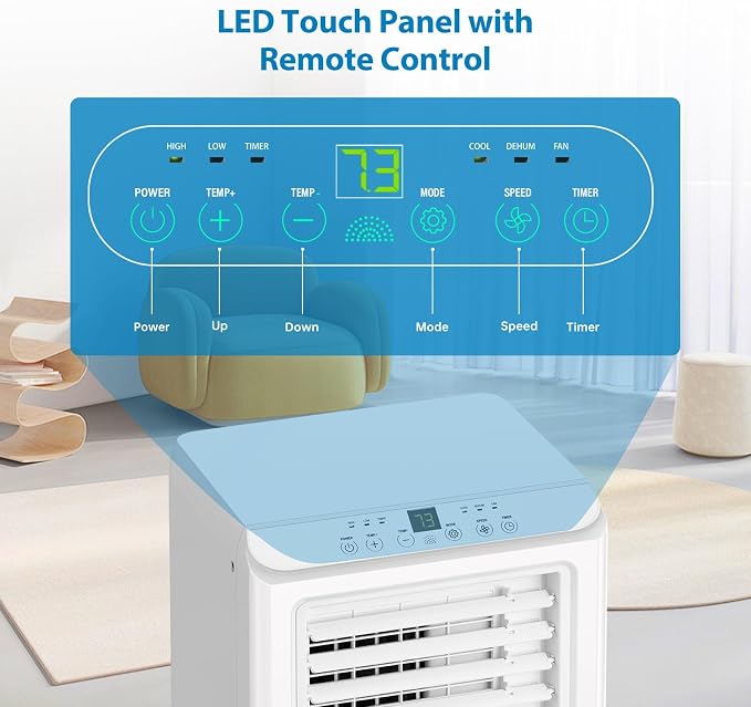 12000 BTU Portable AC with Black Top Cover, Cooling, Dehumidifying & Fan Functions, Ideal for Rooms Up to 600 Sq Ft, Quiet