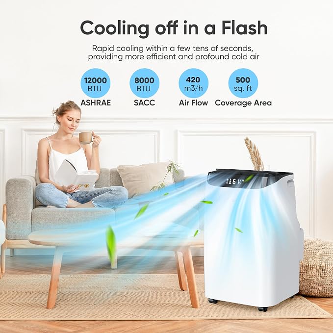 12000 BTU Portable Air Conditioner, 3-IN-1 Free Standing Cooling Portable AC Unit with Fan & Dehumidifier Function, Remote