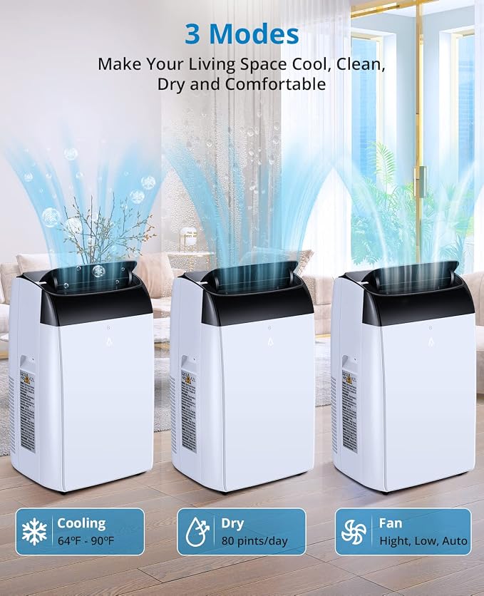 12000 BTU Portable Air Conditioner, Cools up to 550 sq.ft, 3-in-1 AC Unit with Cooling, Dehumidifier & Fan, Quiet Portable AC