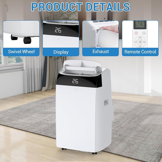 12000 BTU Portable Air Conditioner, Cools up to 550 sq.ft, 3-in-1 AC Unit with Cooling, Dehumidifier & Fan, Quiet Portable AC