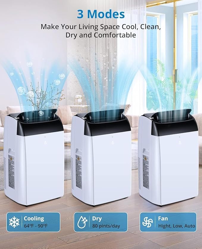 12000 BTU Portable Air Conditioner with Remote Control, 3-in-1 Free Standing Cooling Portable AC Unit with Cool/Dry/Fan Mode