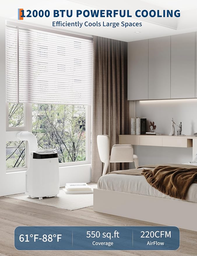 12000 BTU Portable Air Conditioner with Remote Control, 3-in-1 Free Standing Cooling Portable AC Unit with Cool/Dry/Fan Mode