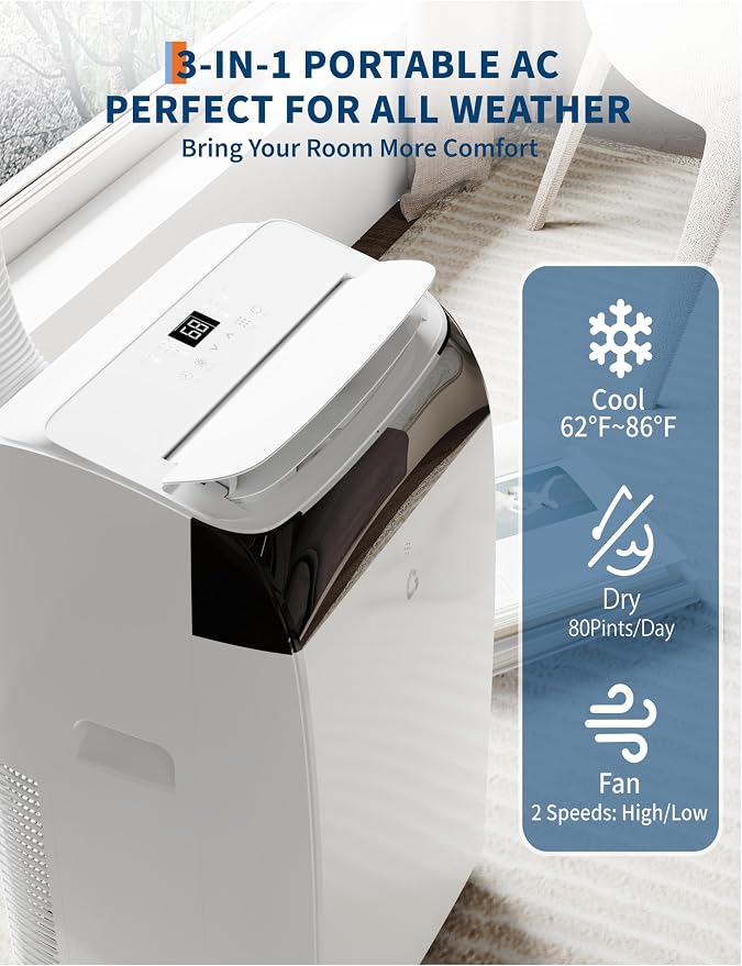 12000 BTU Portable Air Conditioner with Remote Control, 3-in-1 Free Standing Cooling Portable AC Unit with Cool/Dry/Fan Mode