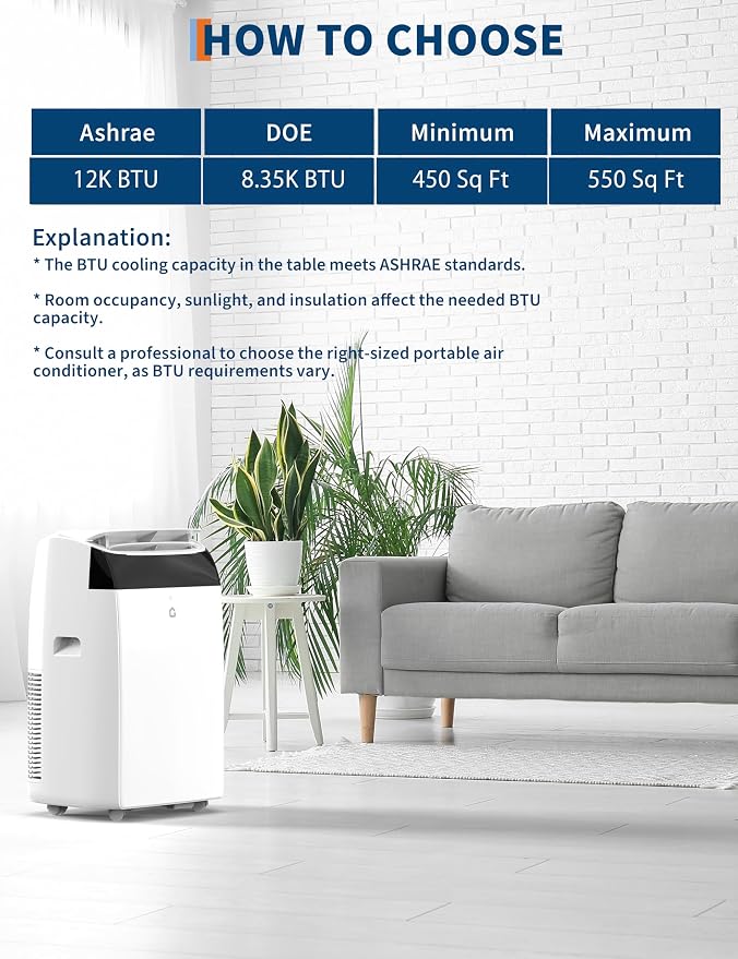 12000 BTU Portable Air Conditioner with Remote Control, 3-in-1 Free Standing Cooling Portable AC Unit with Cool/Dry/Fan Mode