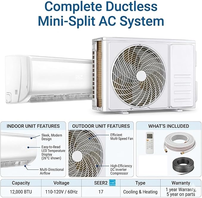 12000 BTU Smart Mini Split AC/Heat Pump, 19 SEER2 Inverter Ductless Wall Mount, 110/120V, Quiet 29dB, alternate view 2