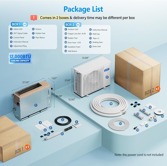 12000 BTU Smart WIFI Ducted Mini Split AC/Heating System with Inverter, 24 SEER2 Concealed Duct Air Conditioner, alternate