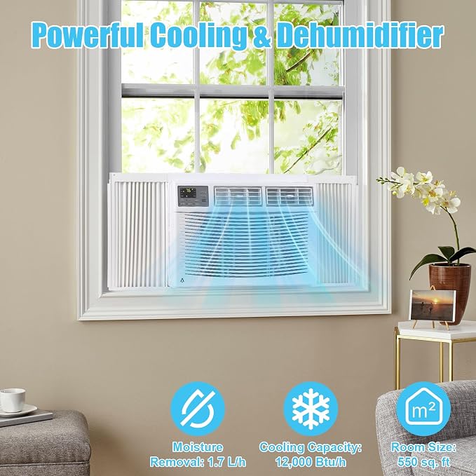 12000 BTU Smart Window Air Conditioner, WiFi Enabled Heavy Duty Cooling for Large Living Spaces up to 550 sq.ft., Voice