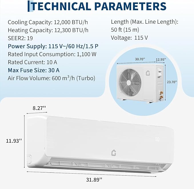 12000 BTU Wall-Mounted Mini Split Air Conditioner & Heat Pump – 19 SEER2 Inverter, 6-in-1 Function, Low Noise, Cools & Heats