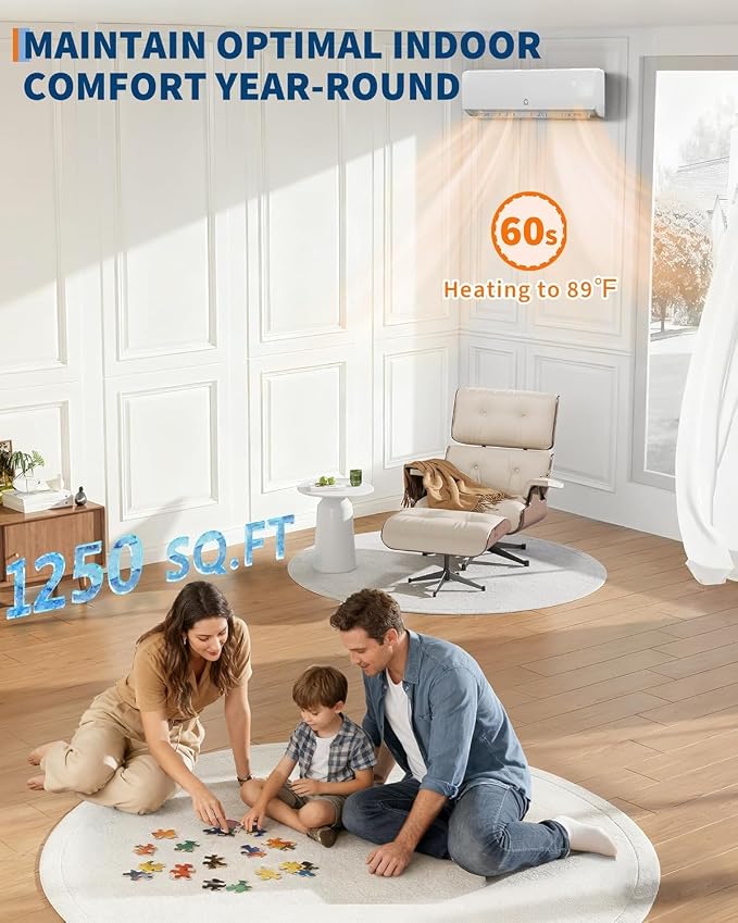 12000 BTU Wall-Mounted Mini Split Air Conditioner & Heat Pump – 19 SEER2 Inverter, 6-in-1 Function, Low Noise, Cools & Heats