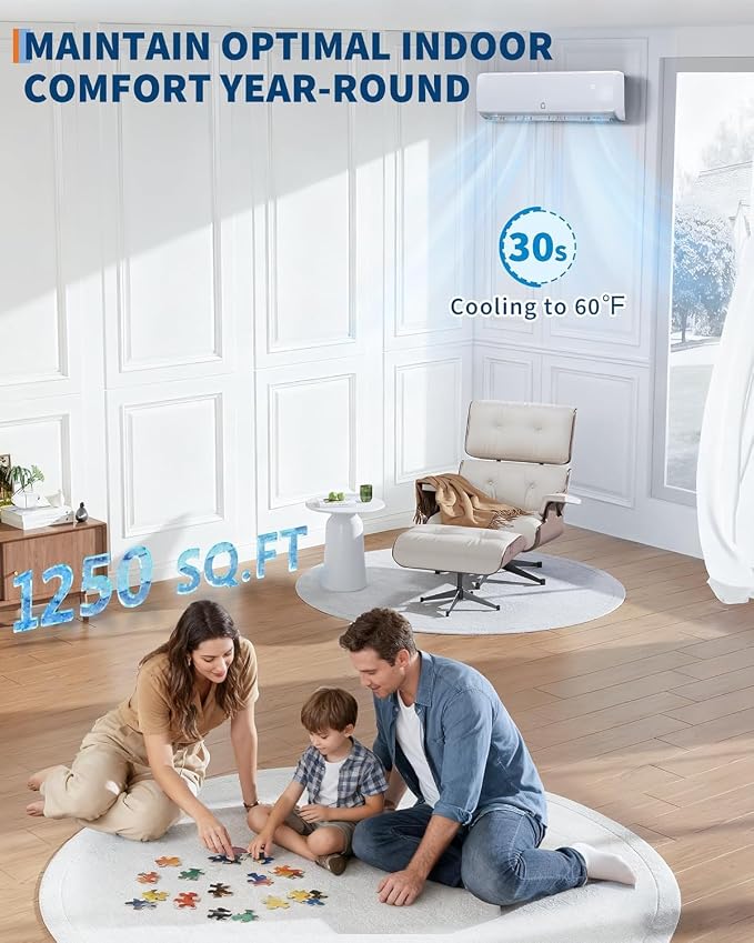 12000 BTU Wall-Mounted Mini Split Air Conditioner & Heat Pump – 19 SEER2 Inverter, 6-in-1 Function, Low Noise, Cools & Heats
