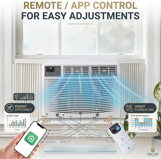 12000 BTU Window Air Conditioner, WiFi App Control and Remote, Cools Up to 550 Sq Ft, 3-in-1 Cool/Fan/Dehumidifier, Quiet 54