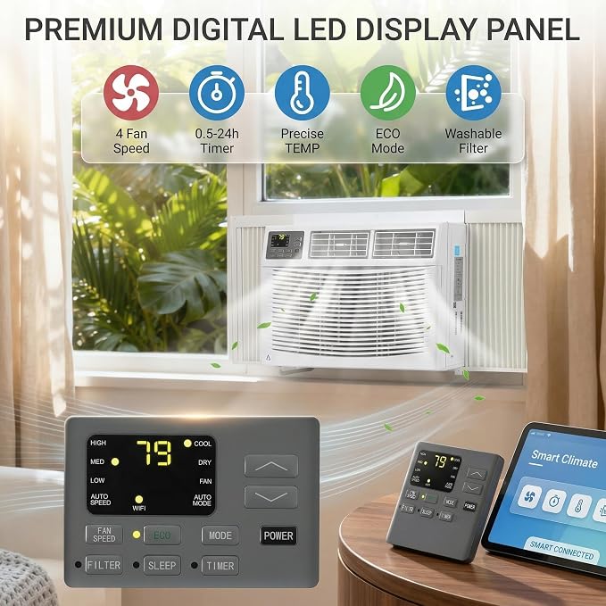 12000 BTU Window Air Conditioner, WiFi App Control and Remote, Cools Up to 550 Sq Ft, 3-in-1 Cool/Fan/Dehumidifier, Quiet 54