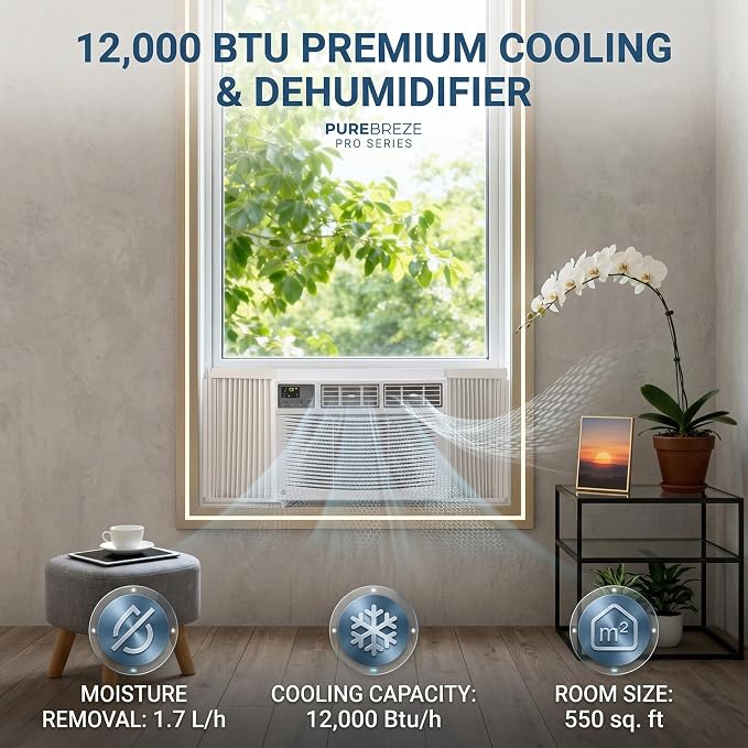 12000 BTU Window Air Conditioner, WiFi App Control and Remote, Cools Up to 550 Sq Ft, 3-in-1 Cool/Fan/Dehumidifier, Quiet 54