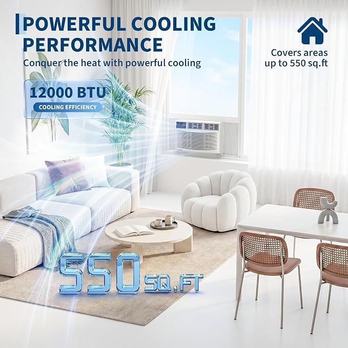 12000 BTU Window Air Conditioner with Remote Control, Cools up to 550 Sq. Ft, 3 Cooling & Fan Speeds, Quiet Operation, LED